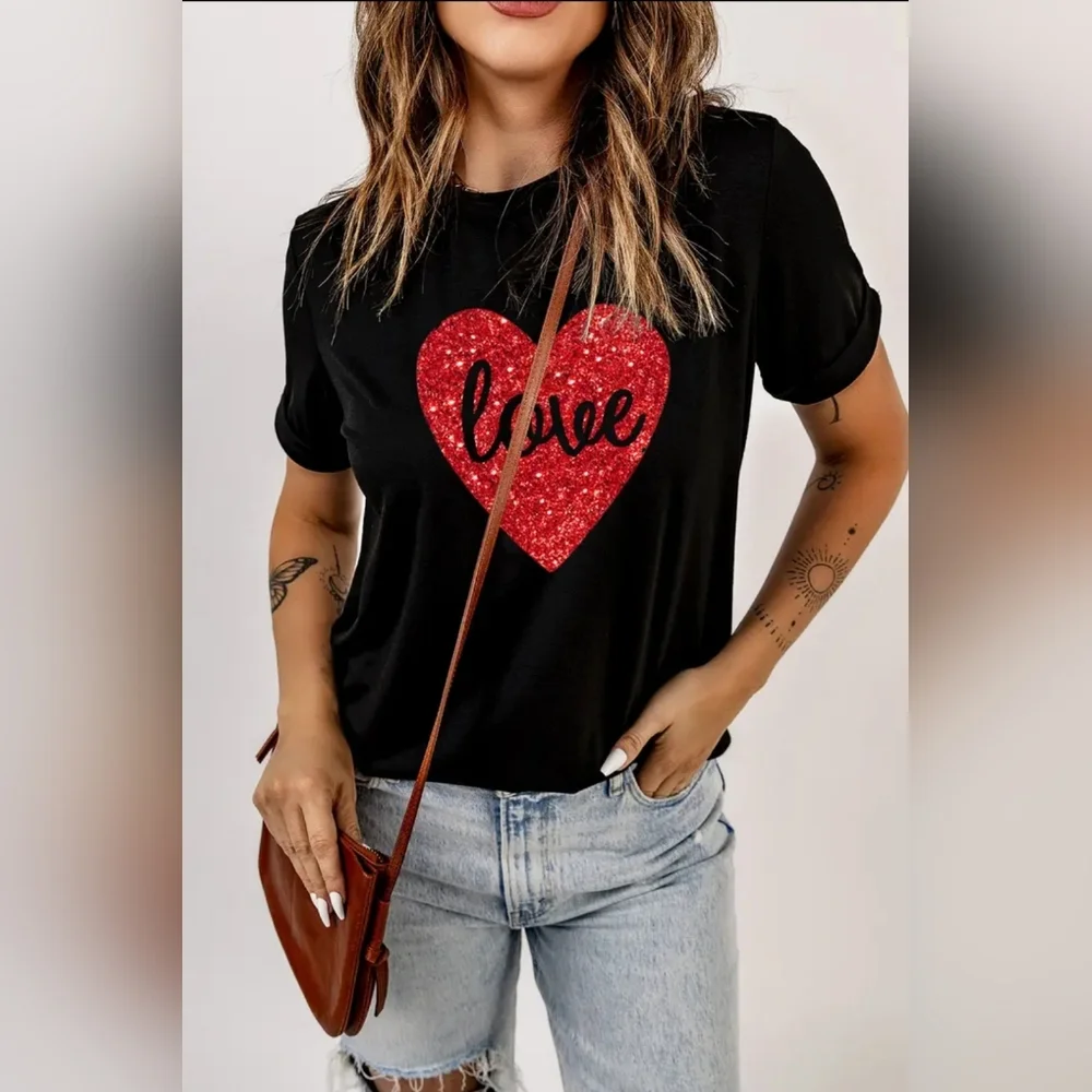 Love Heart Valentine Glitter Print Graphic T Shirt - Picture 2 of 3